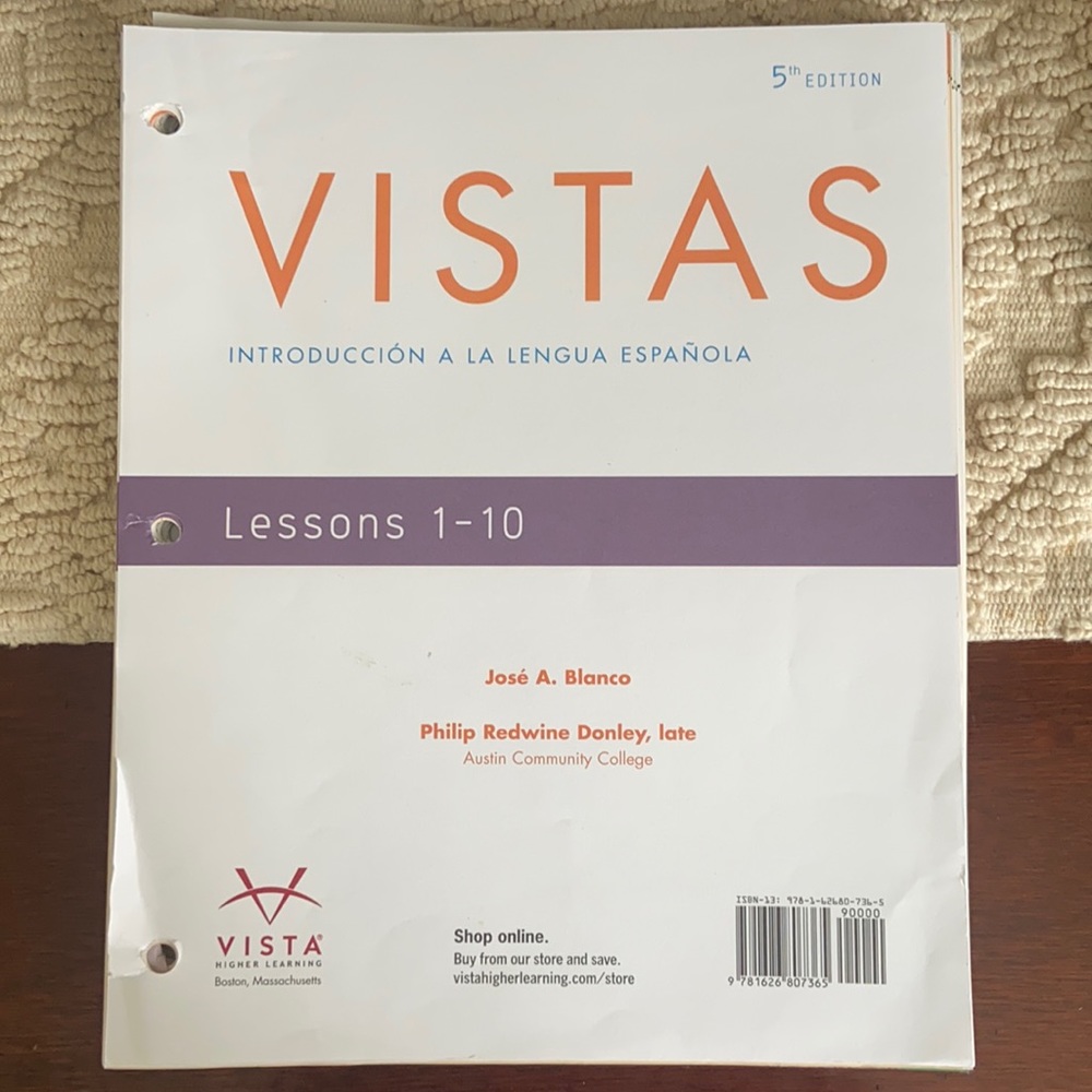 Vistas 5th edition Spanish loose leaf manual workbook